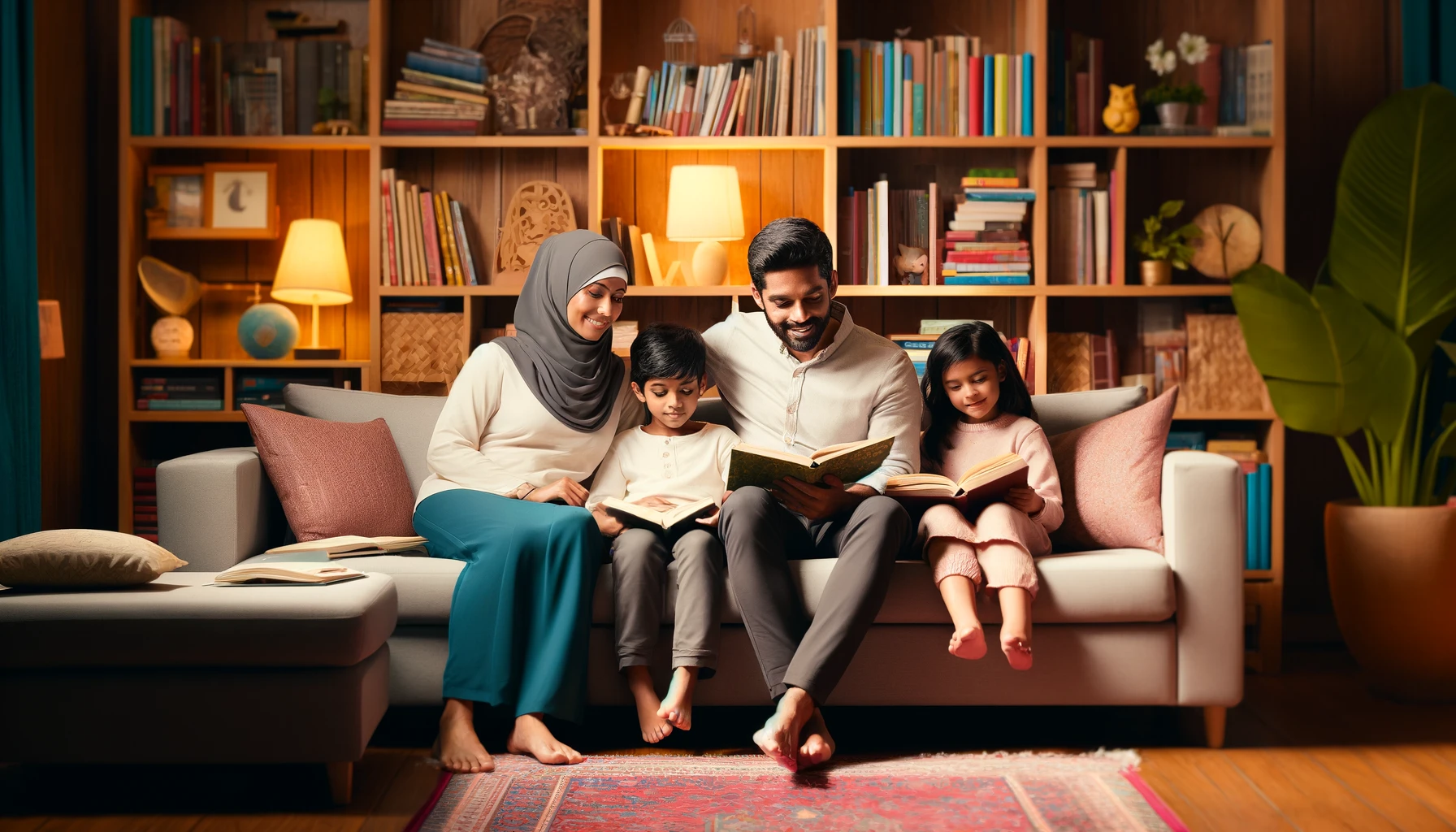 Parent and child in library